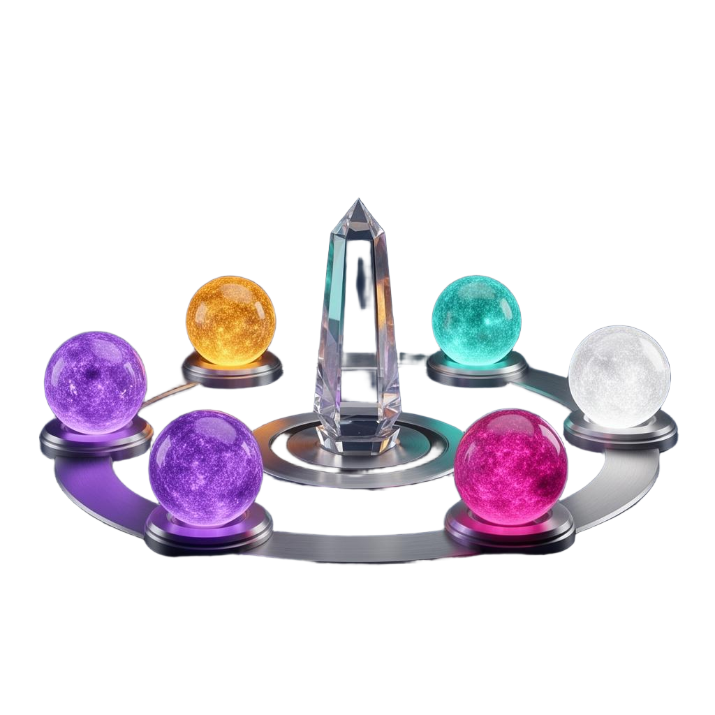 A circle of glowing advisor orbs around a crystal verdict
