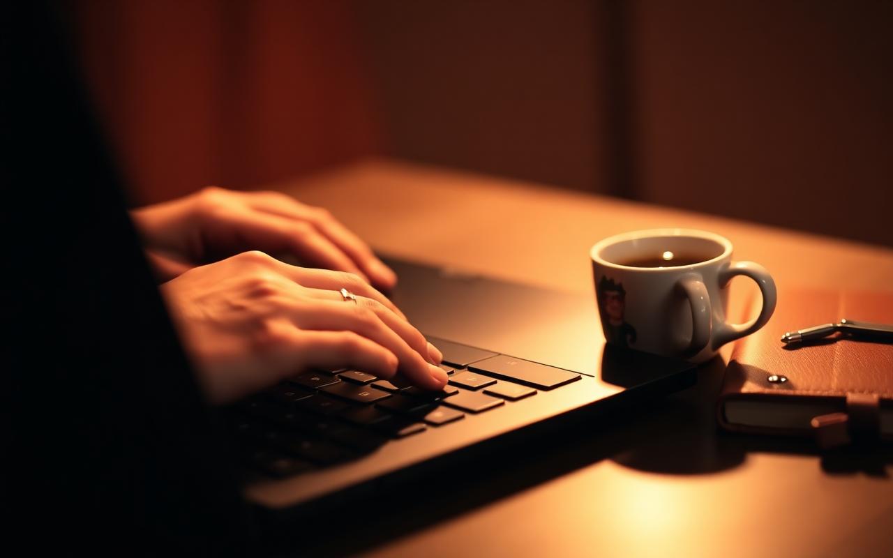Hands typing on a laptop in warm evening light